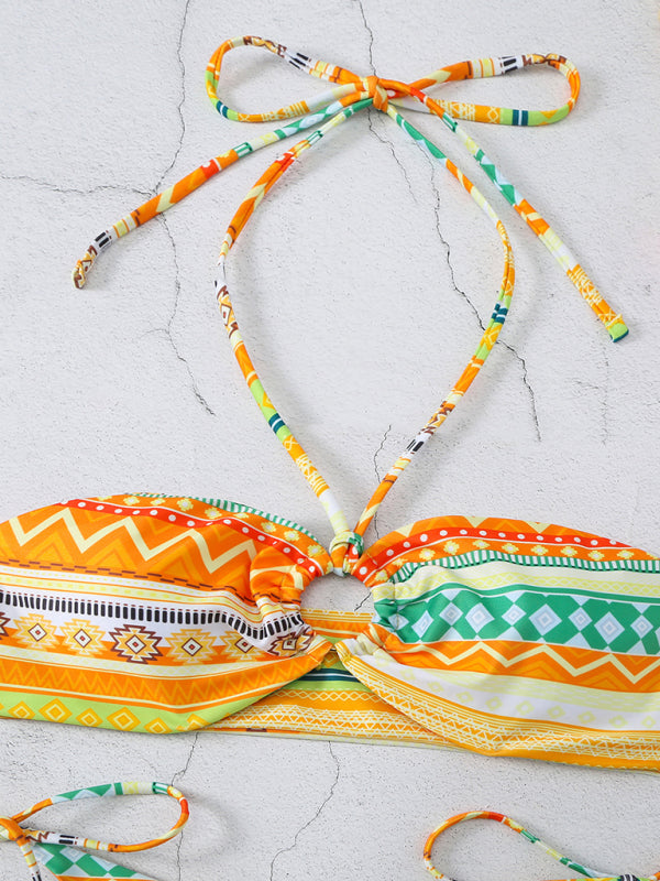 Eye-Catching Multi-Color Halterneck Bikini with Lace-Up Adjustable Briefs