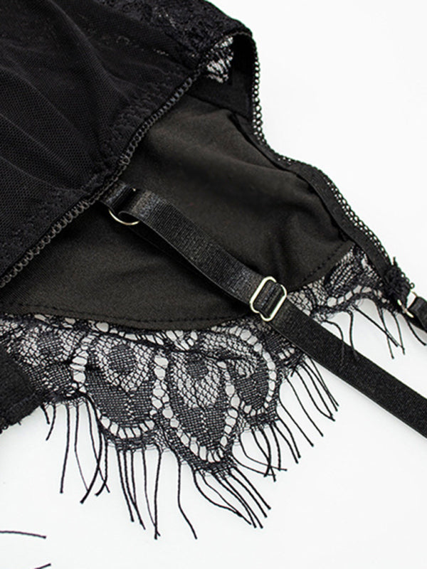 Sexy Roleplay-Inspired Three-Piece Lingerie Set with Garters