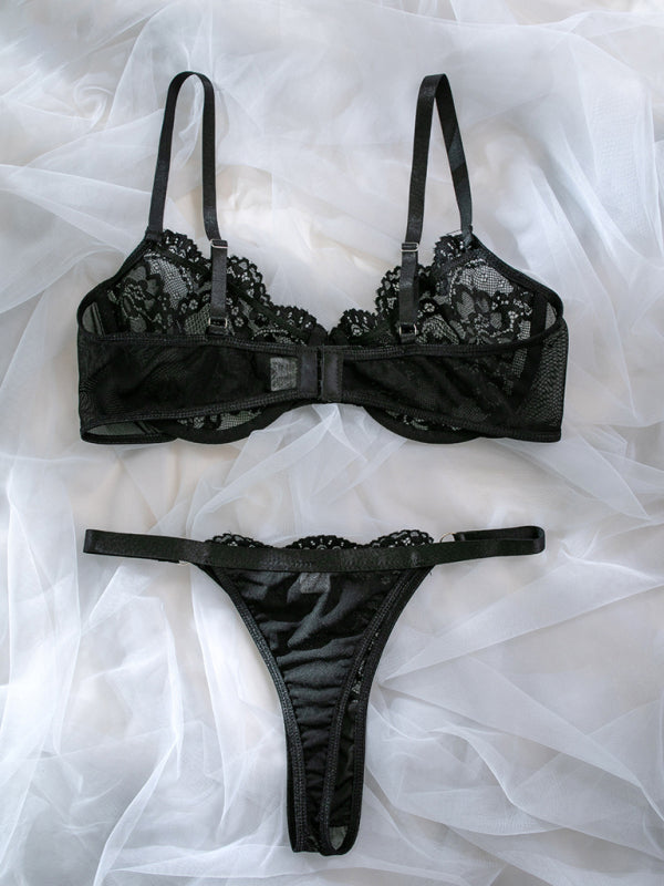 Sexy Low Waist Lace Two-Piece Lingerie Set with Steel Ring Detail
