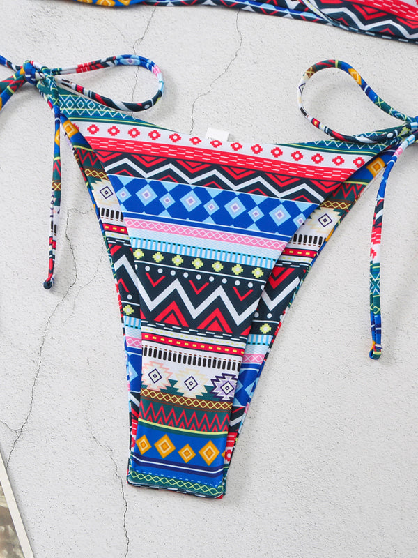 Eye-Catching Multi-Color Halterneck Bikini with Lace-Up Adjustable Briefs