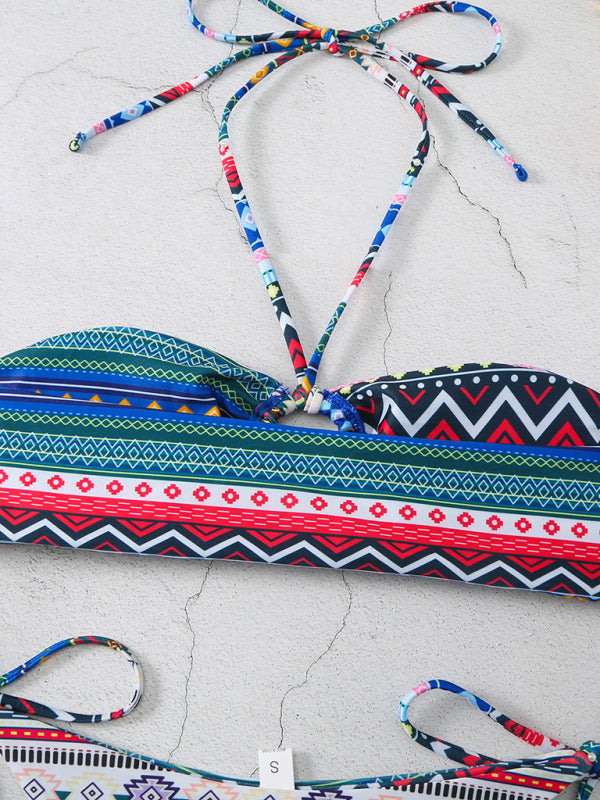 Eye-Catching Multi-Color Halterneck Bikini with Lace-Up Adjustable Briefs