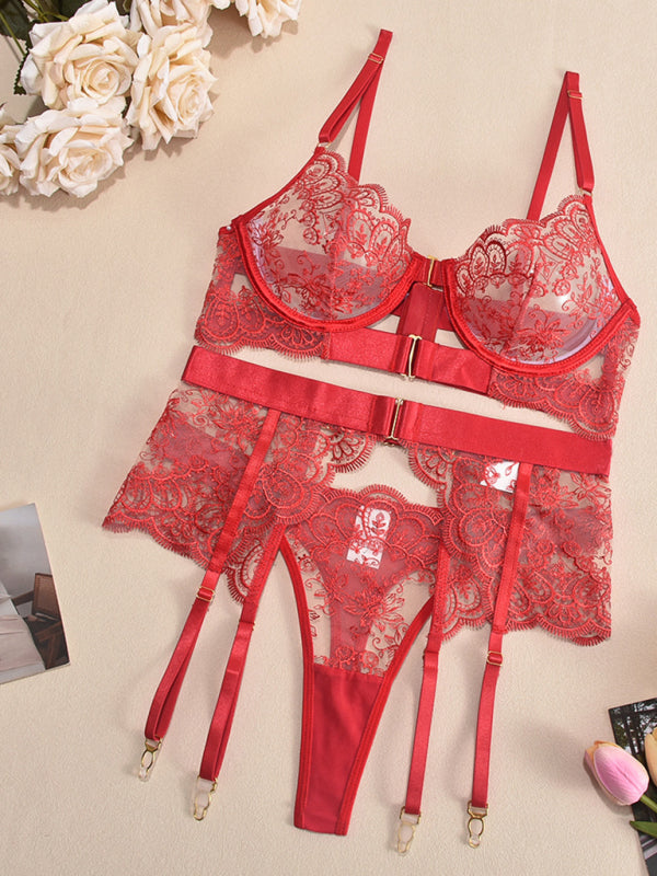 Embroidered Bra Sexy Lingerie 3-Piece Set