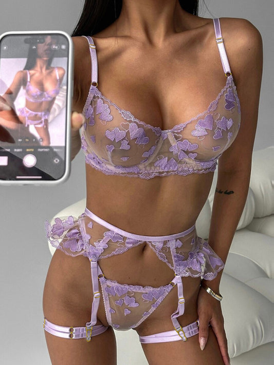 Sweetheart Seduction – Embroidered Four-Piece Lingerie Set