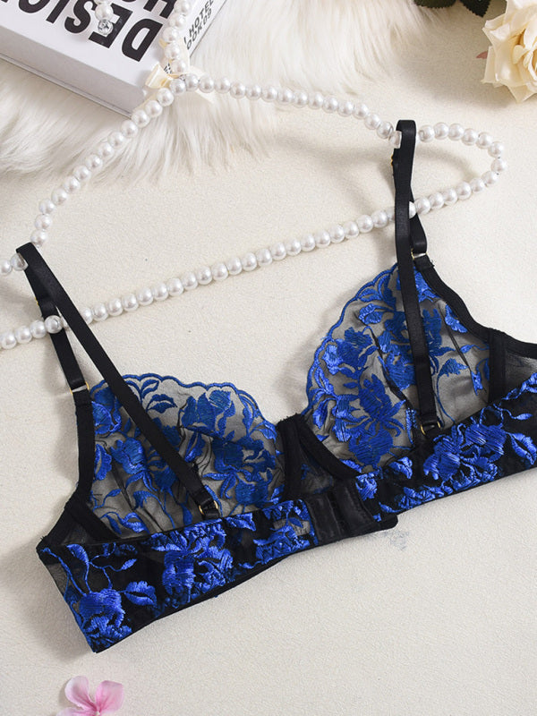 Delicate Embroidery – Sexy Lace Mesh See-Through 4-Piece Lingerie Set