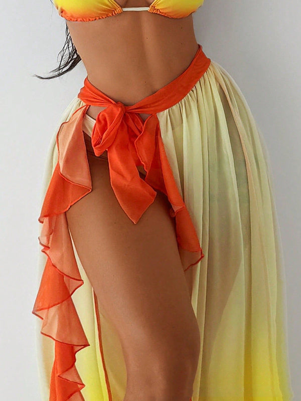 Sunset Glow – Sexy Gradient Red Bikini with Ruffled Hem