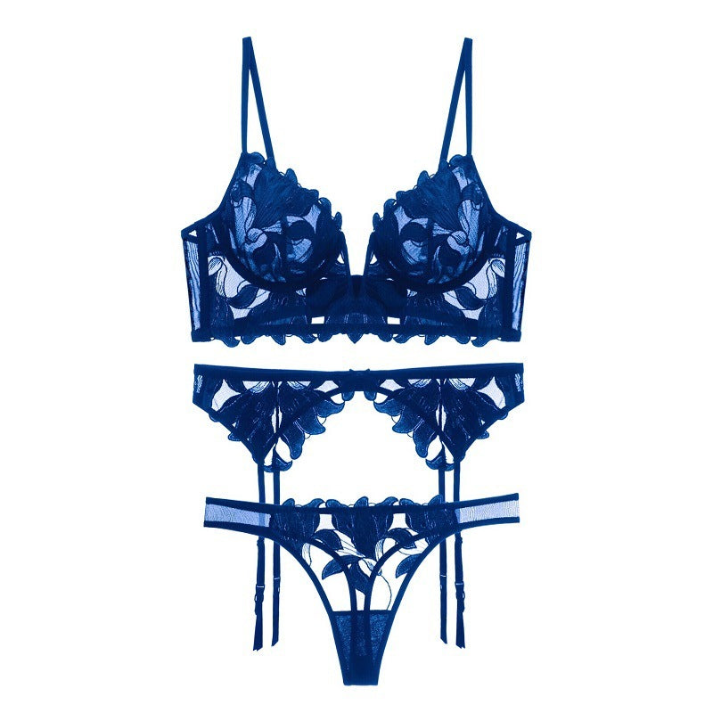 Deep V Sheer Embroidered Garter Three-Piece Set