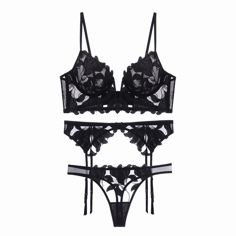 Deep V Sheer Embroidered Garter Three-Piece Set