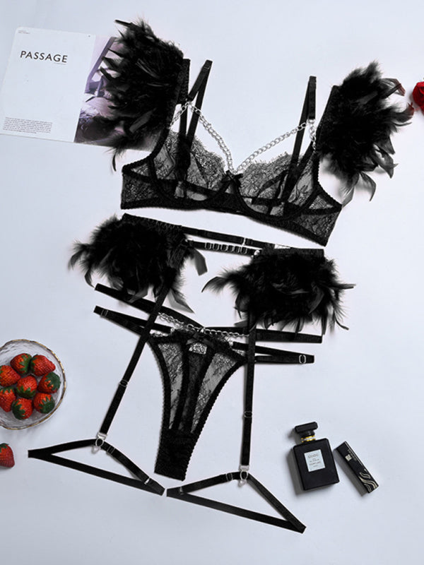 Faux Feather Accent Three-Piece Lingerie Set