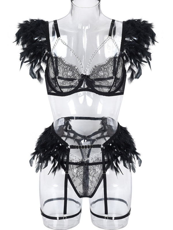 Faux Feather Accent Three-Piece Lingerie Set