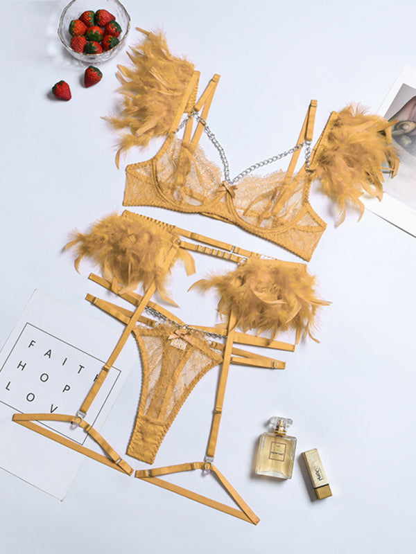 Faux Feather Accent Three-Piece Lingerie Set