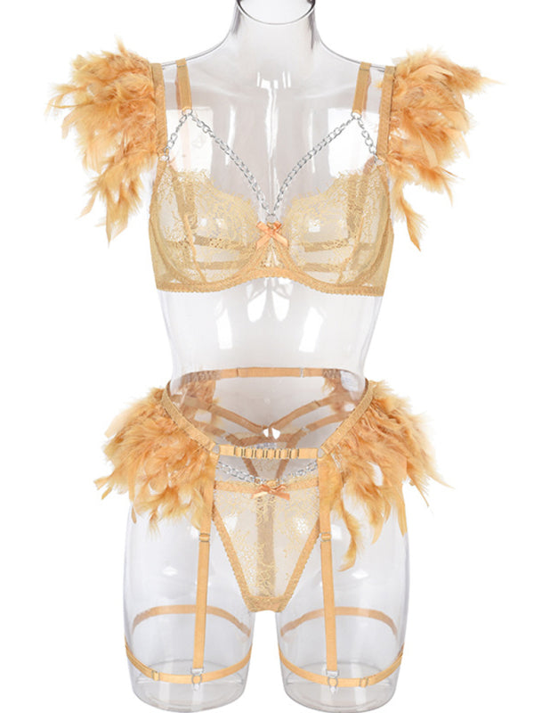 Faux Feather Accent Three-Piece Lingerie Set