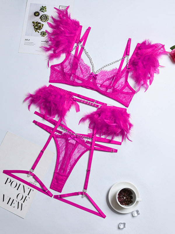 Faux Feather Accent Three-Piece Lingerie Set