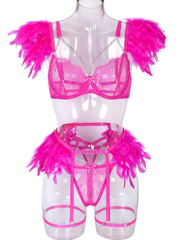 Faux Feather Accent Three-Piece Lingerie Set
