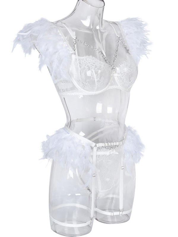 Faux Feather Accent Three-Piece Lingerie Set