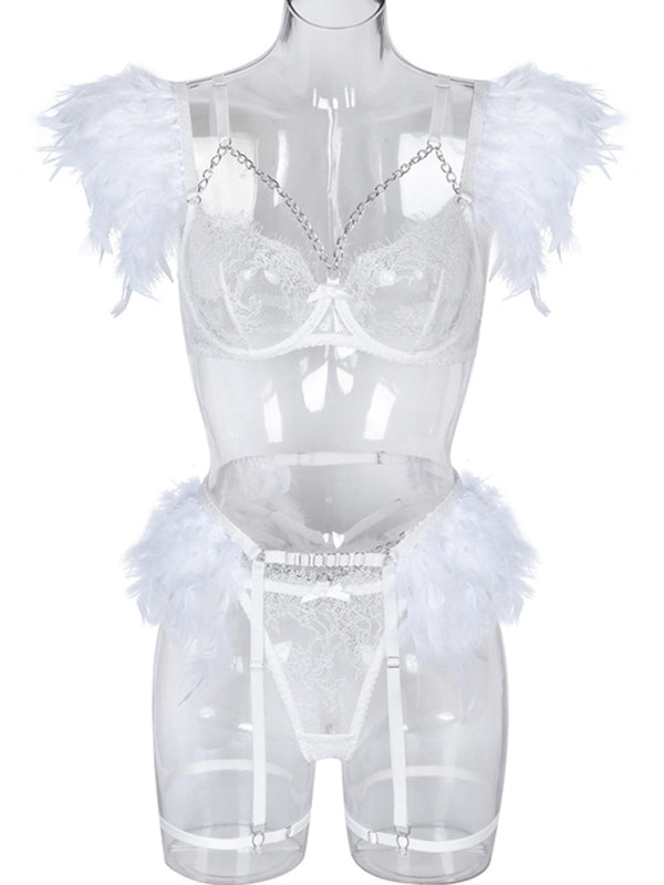 Faux Feather Accent Three-Piece Lingerie Set