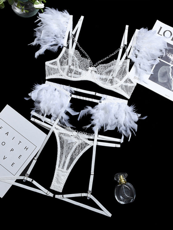 Faux Feather Accent Three-Piece Lingerie Set
