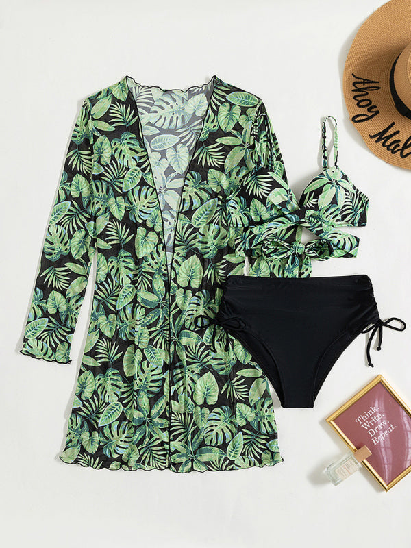 Tropical Print Three-Piece Bikini Set