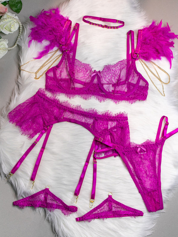Faux Feather Accent Three-Piece Lingerie Set