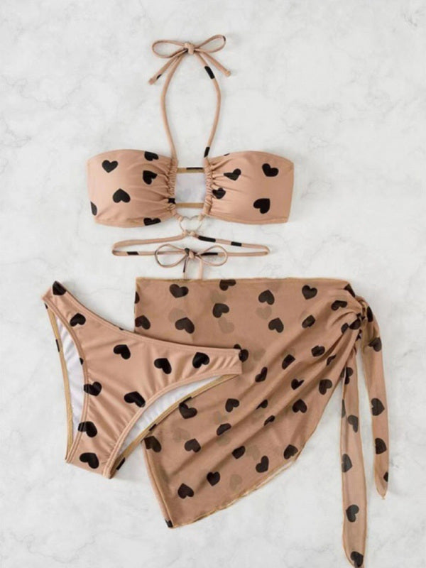 Plus Heart Print Bikini Set with Skirt Cover-Up