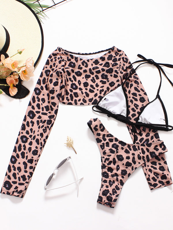 Leopard Print Three-Piece Bikini Set with Cover-Up