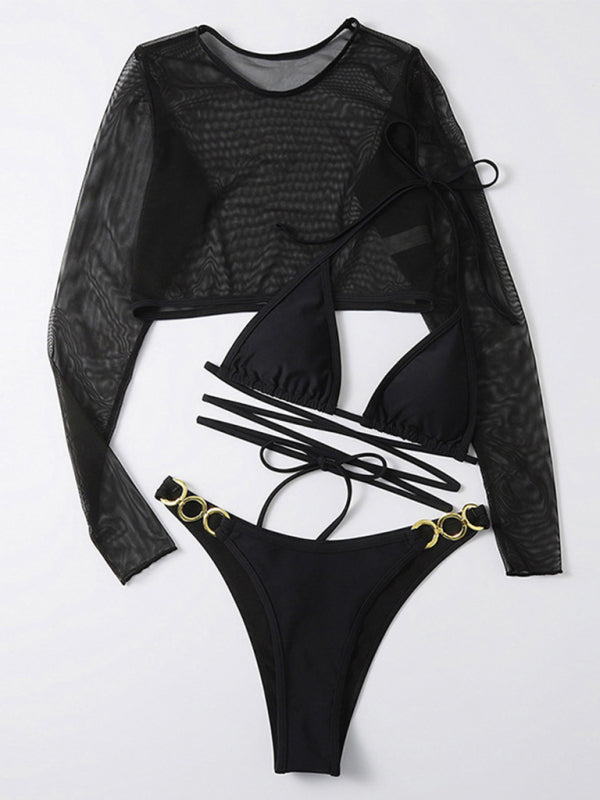 Women's Solid Color High Cut Waist Long Sleeve Cutout Three-Piece Swimsuit
