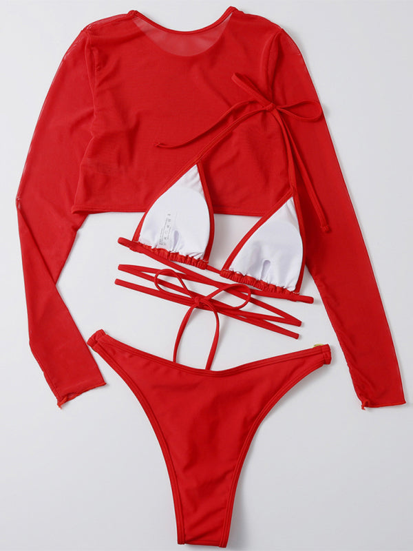 Women's Solid Color High Cut Waist Long Sleeve Cutout Three-Piece Swimsuit