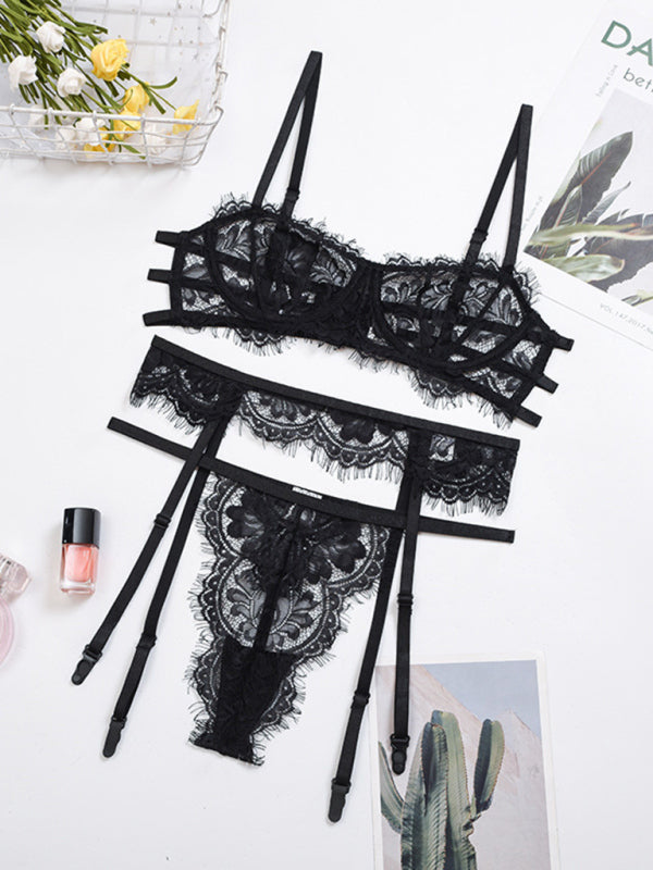 Sexy Hollow Suspender Three-Piece Lingerie Set