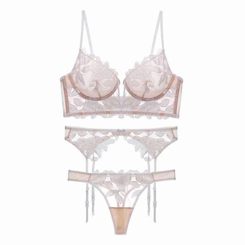 Deep V Sheer Embroidered Garter Three-Piece Set