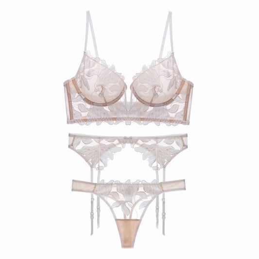 Deep V Sheer Embroidered Garter Three-Piece Set